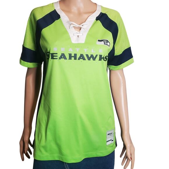 Majestic NFL Seattle Seahawks Shirt Womens Size M Bling Rhinestone Jersey Tee - Picture 1 of 9